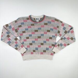 Vintage Idioms Checker Sweater Crop Knit 90's Grannycore Natural Cotton Preppy